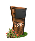 Modern mailbox with wooden slats and house numbers '7217' on a white background.