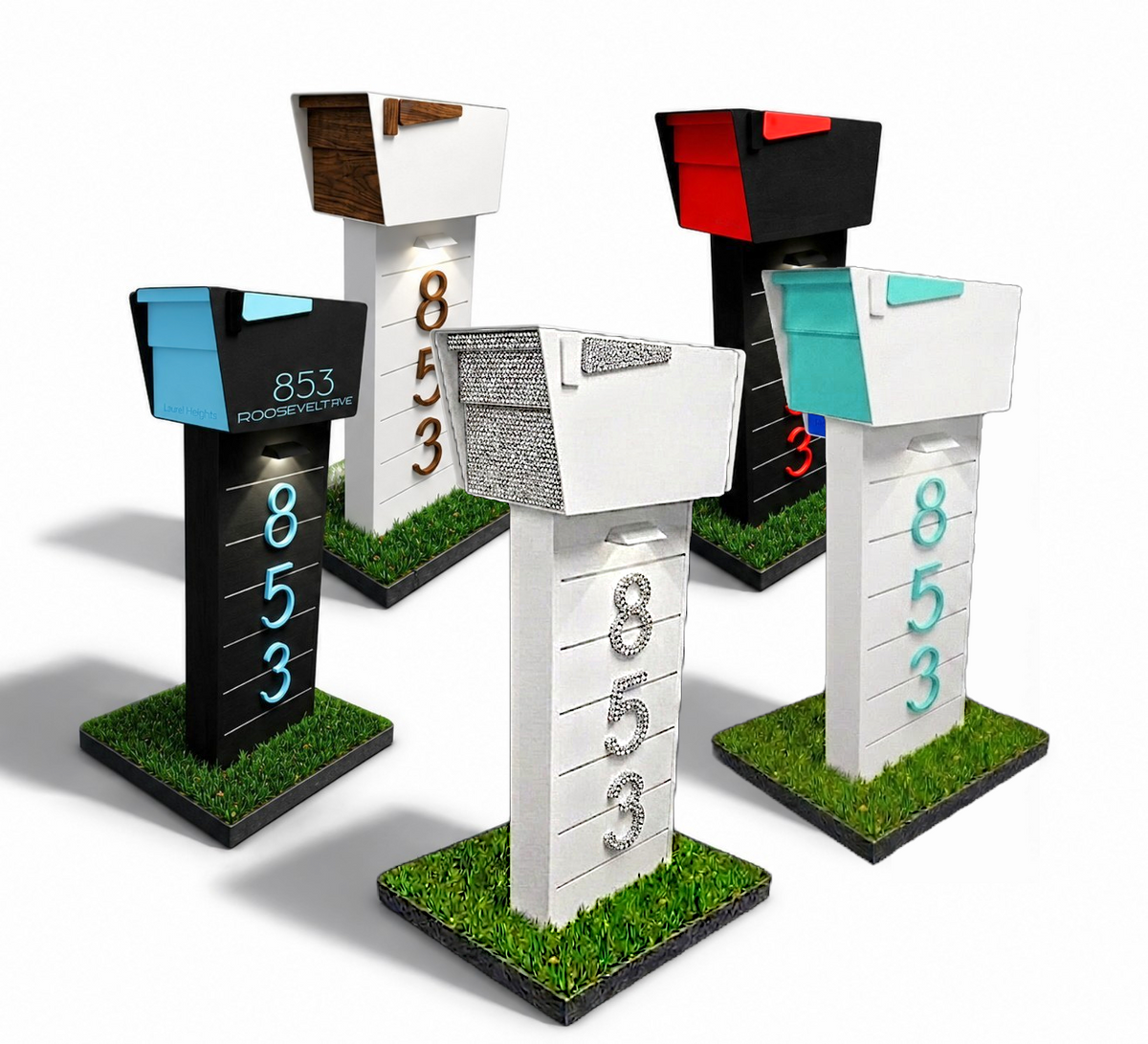 Five urban Guardian mailboxes with different colored numbers and trim on a white background.