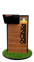 Wooden outdoor sign with address numbers on a grassy base