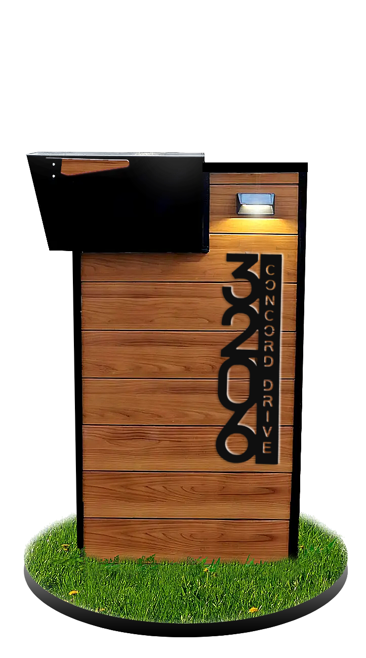 Wooden outdoor sign with address numbers on a grassy base