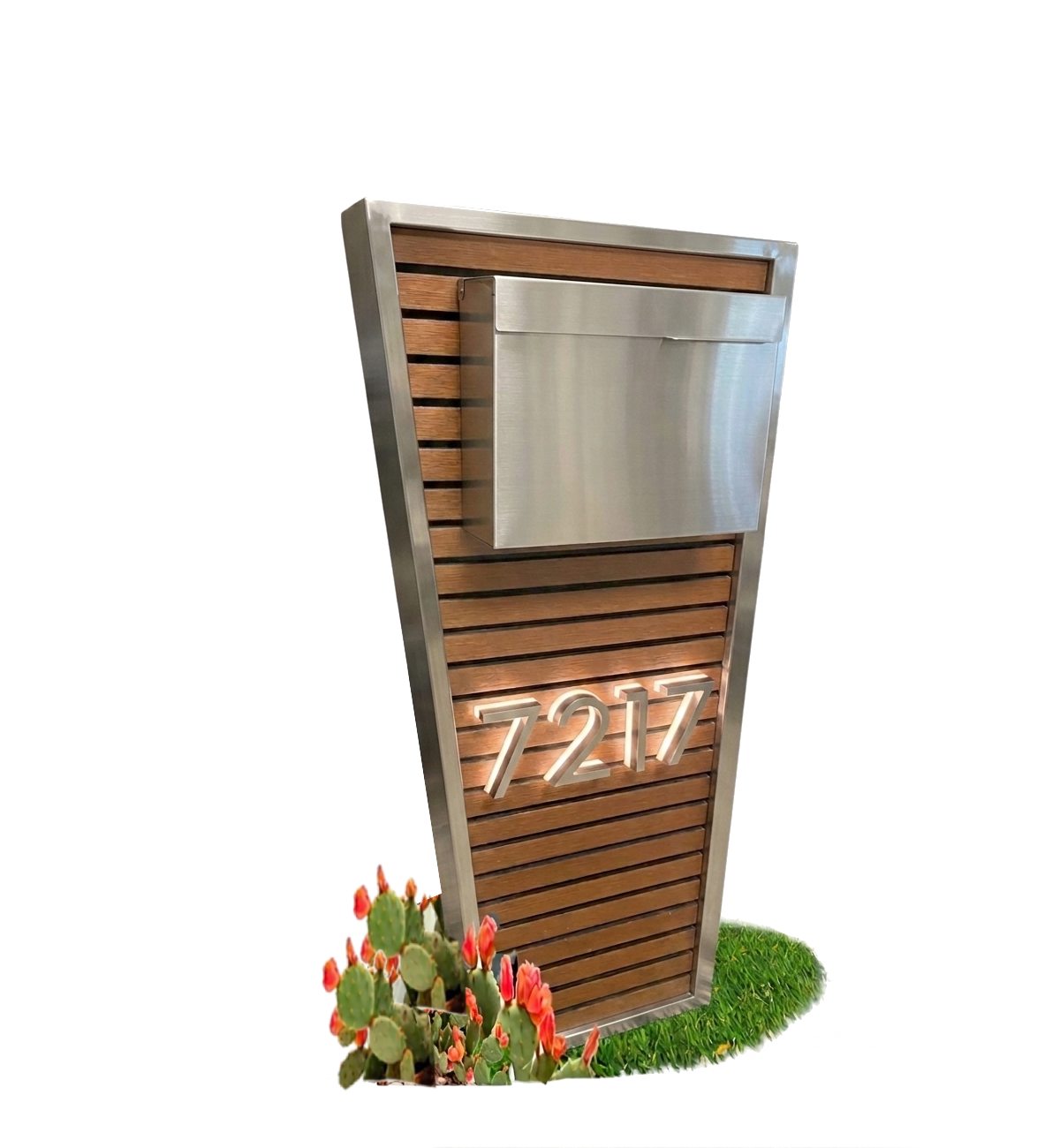 Modern outdoor mailbox with wooden slats and metallic finish, featuring house numbers '7217'.