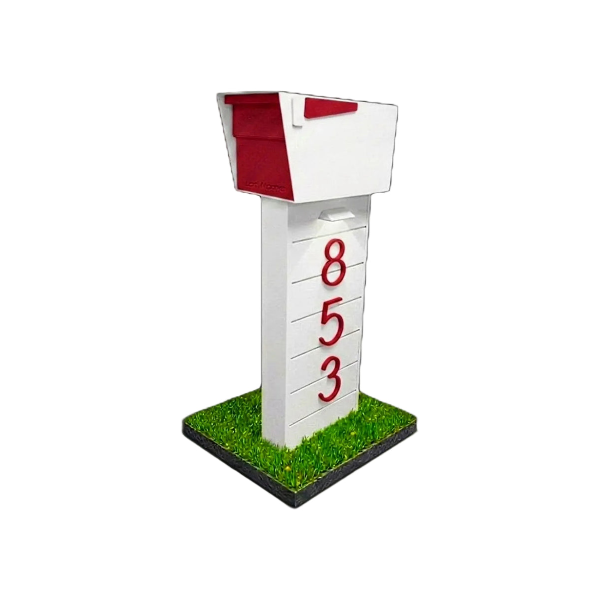 White and red mailbox with numbers '853' on a white background
